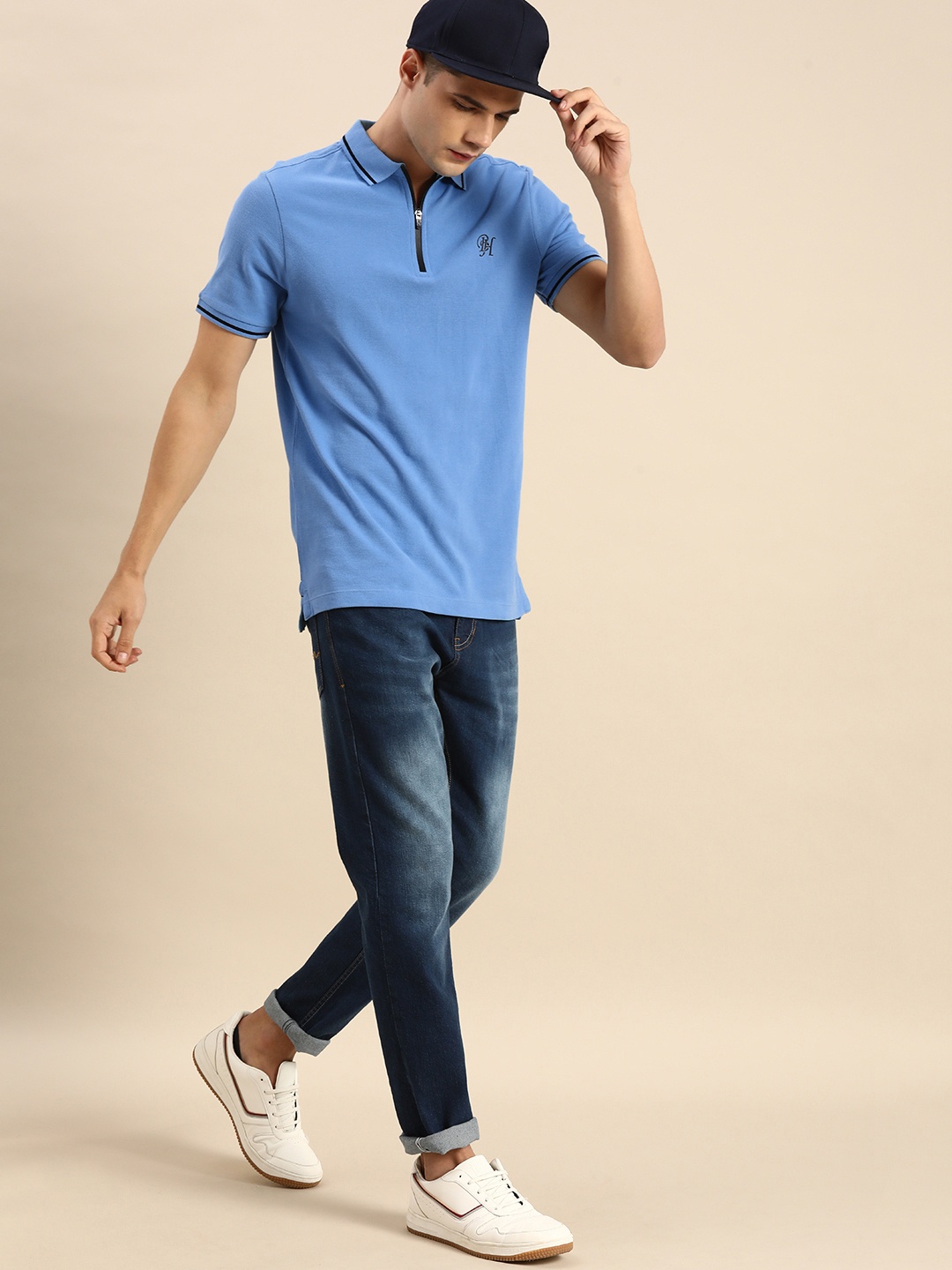

Being Human Men Blue Zipper Polo Collar T-shirt