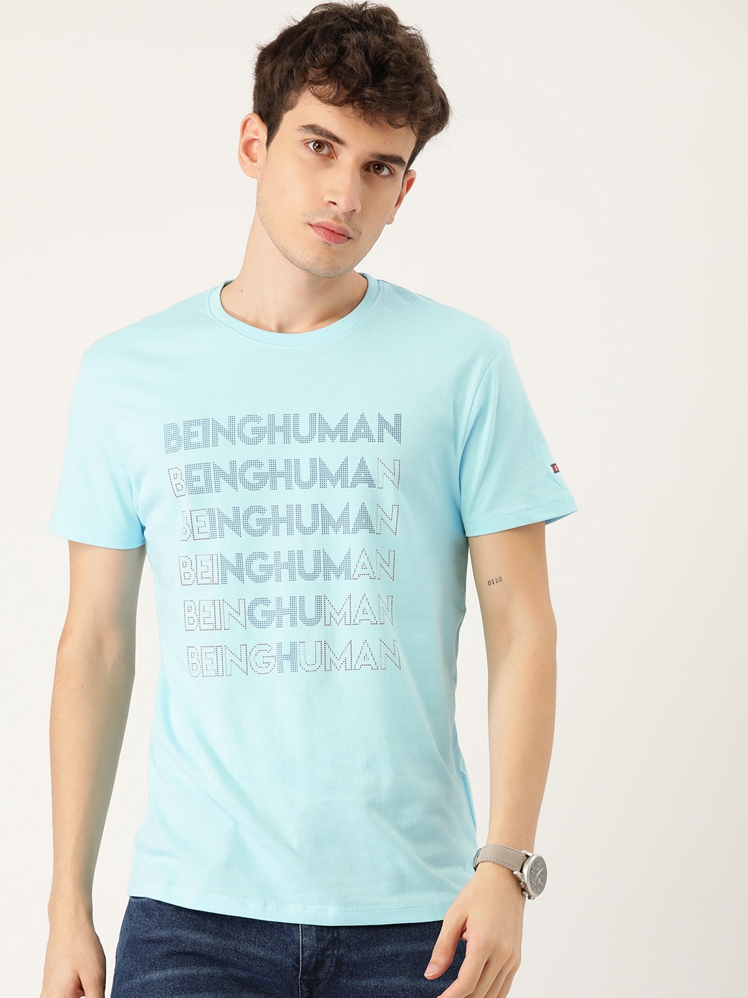 

Being Human Men Blue Brand Logo Printed Pure Cotton T-shirt