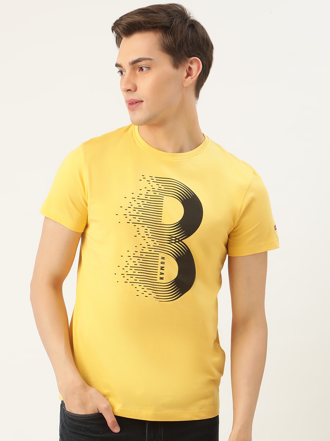

Being Human Men Yellow Black Printed Round Neck Pure Cotton T-shirt