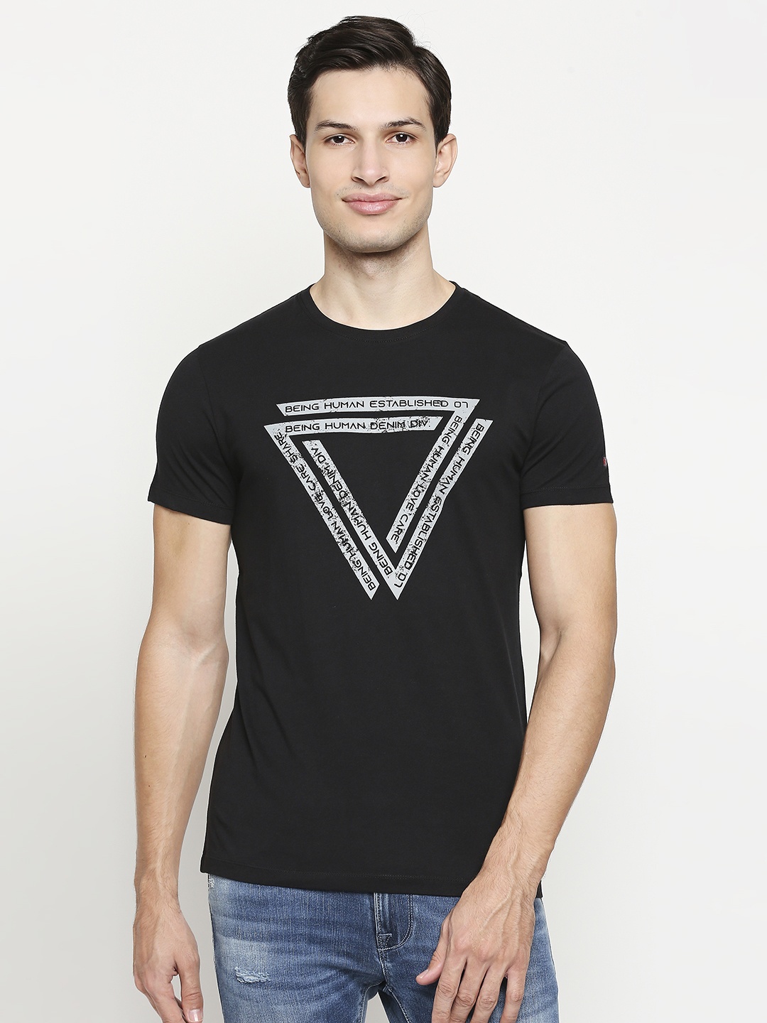 

Being Human Men Black & Grey Brand Logo Printed Pure Cotton T-shirt