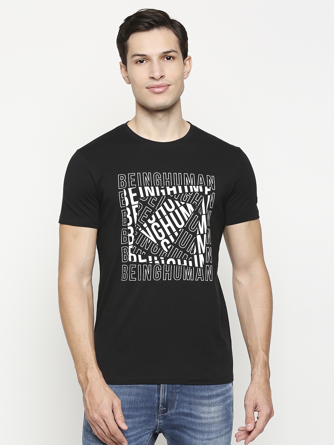 

Being Human Men Black & White Brand Logo Printed Monochrome Pure Cotton T-shirt