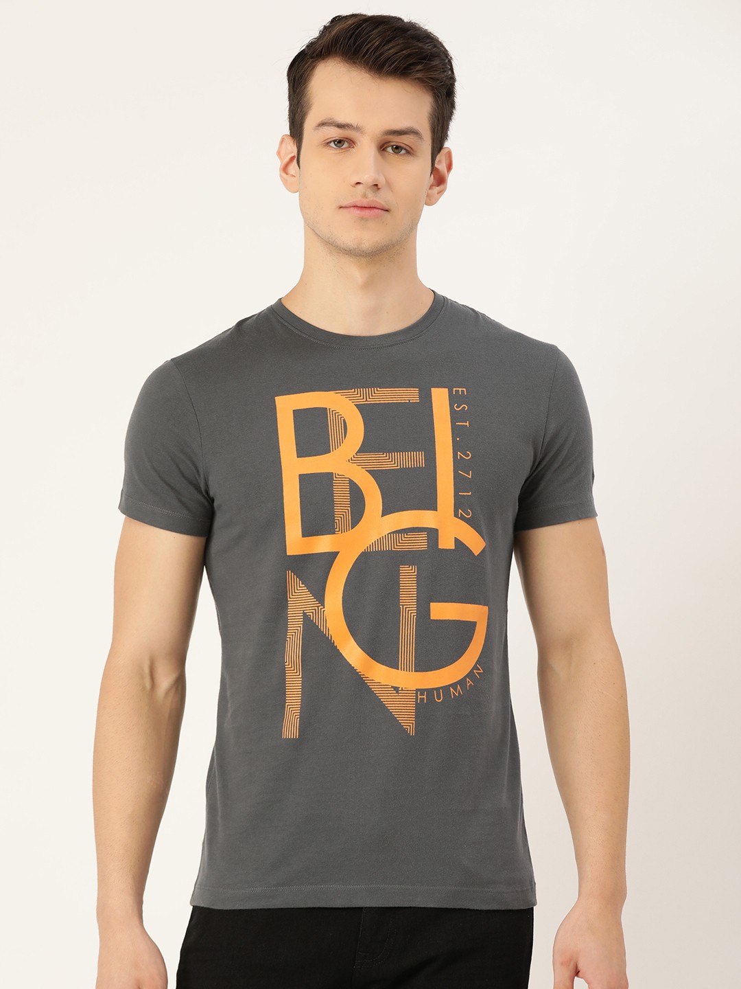 

Being Human Men Grey Melange Orange Typography Printed Pure Cotton T-shirt