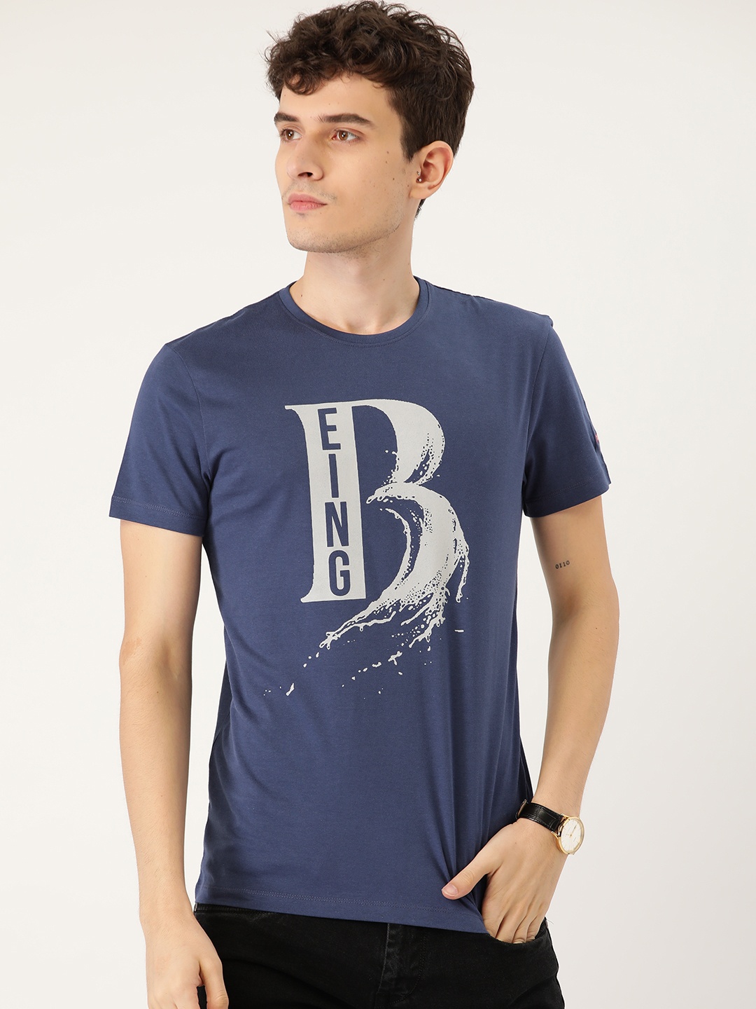 

Being Human Men Navy Blue & White Brand Logo Printed Cotton T-shirt