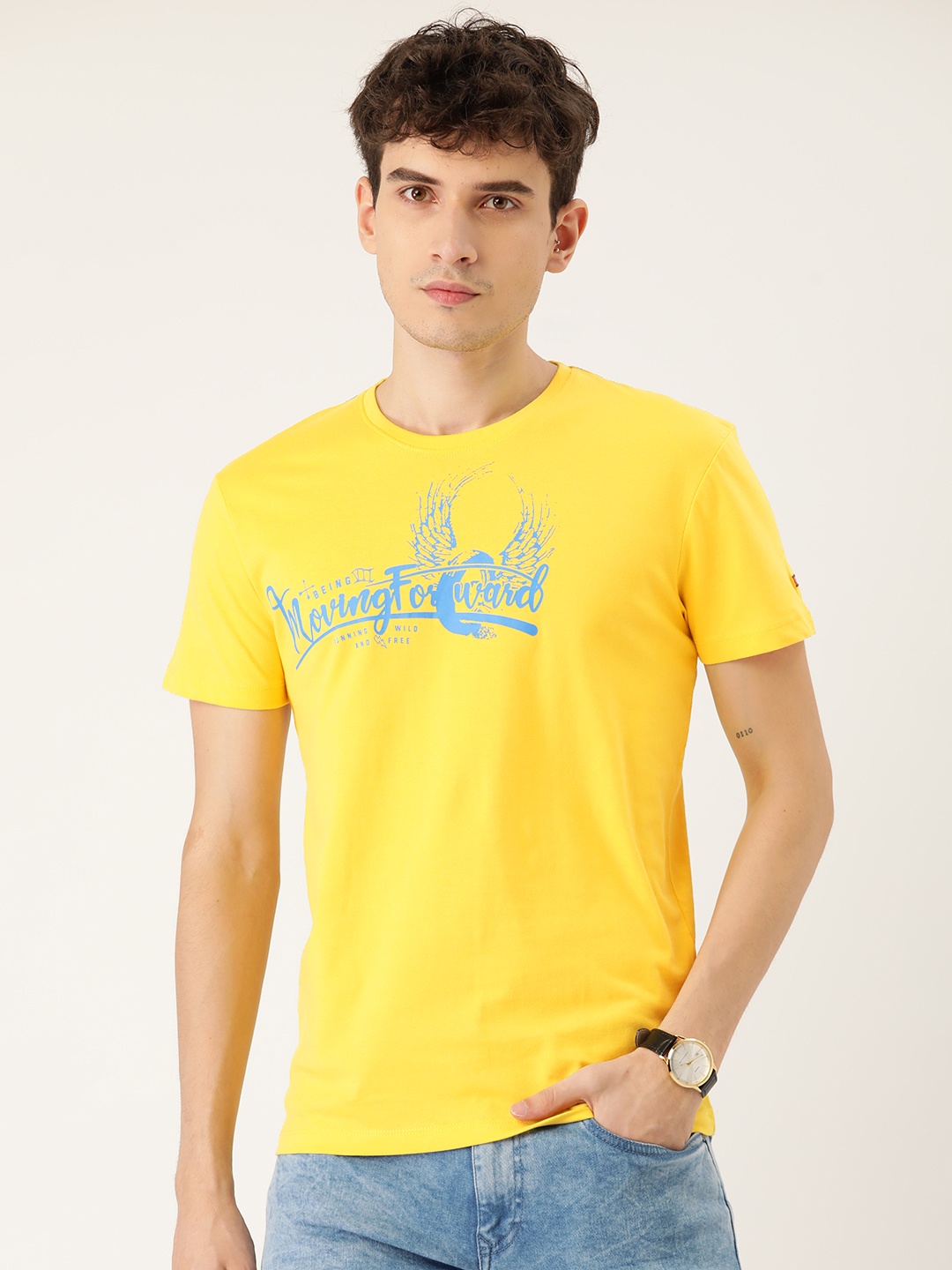 

Being Human Men Yellow & Blue Typography Printed Cotton T-shirt