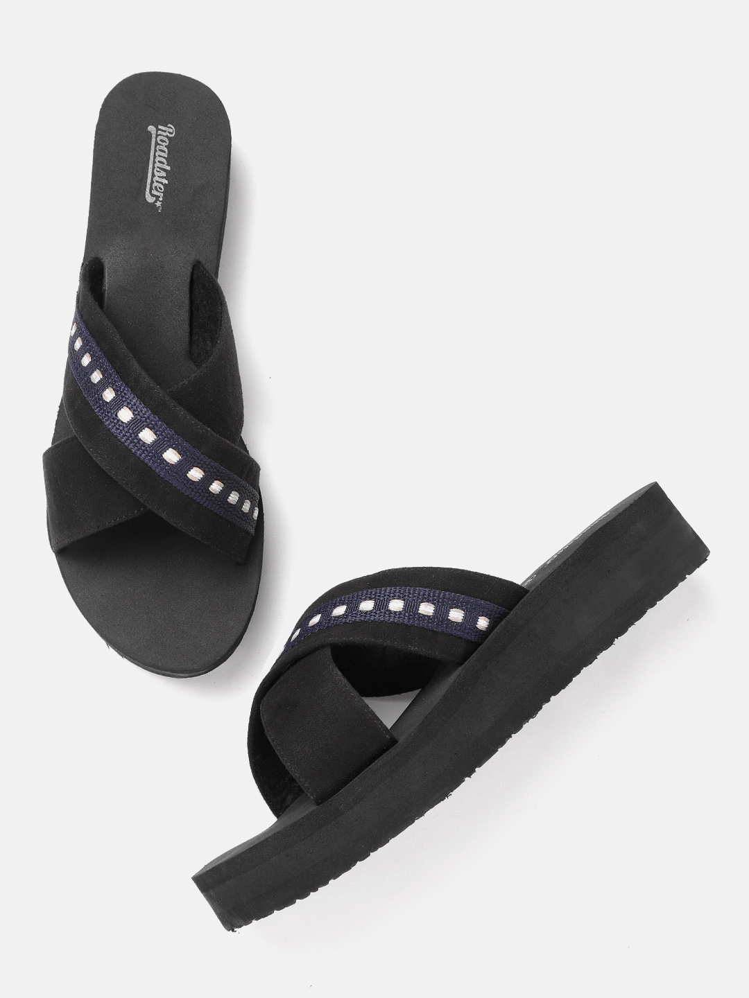 

The Roadster Lifestyle Co Women Black & Navy Blue Geometric Self Design Sliders