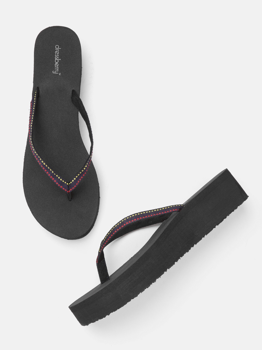 

DressBerry Women Navy Blue & Black Solid Heeled Thong Flip-Flops