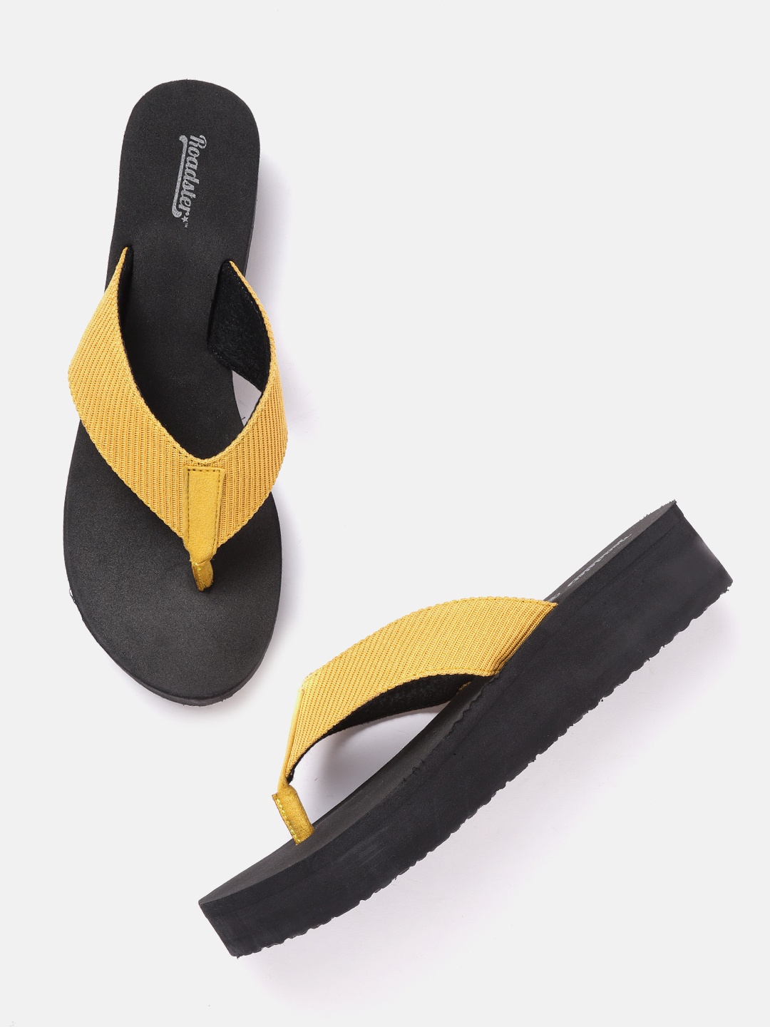 

The Roadster Lifestyle Co Women Mustard Yellow Self-Striped Flip-Flops