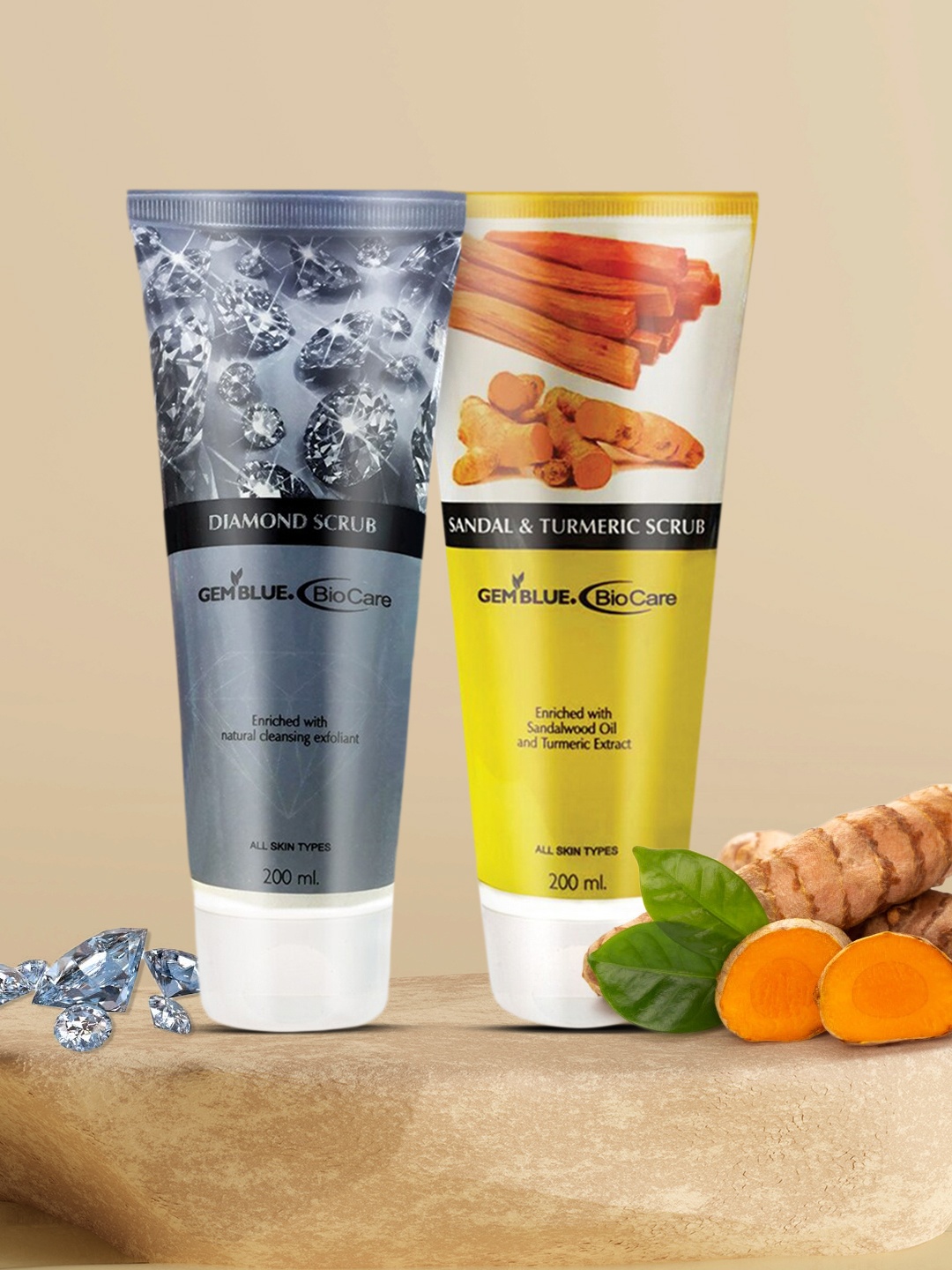 

GEMBLUE BioCare Diamond Scrub & Sandal & Turmeric Scrub 200 ml Combo of 2, Blue