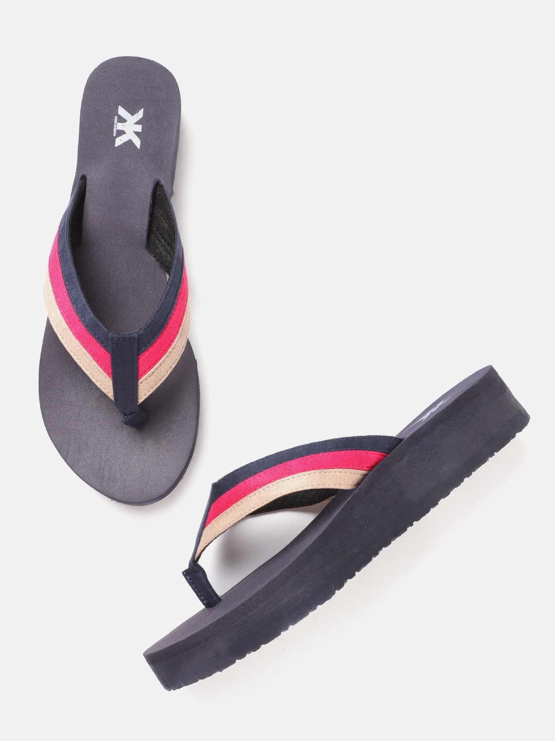 

Kook N Keech Women Navy Blue & Pink Striped Handcrafted Flip Flops