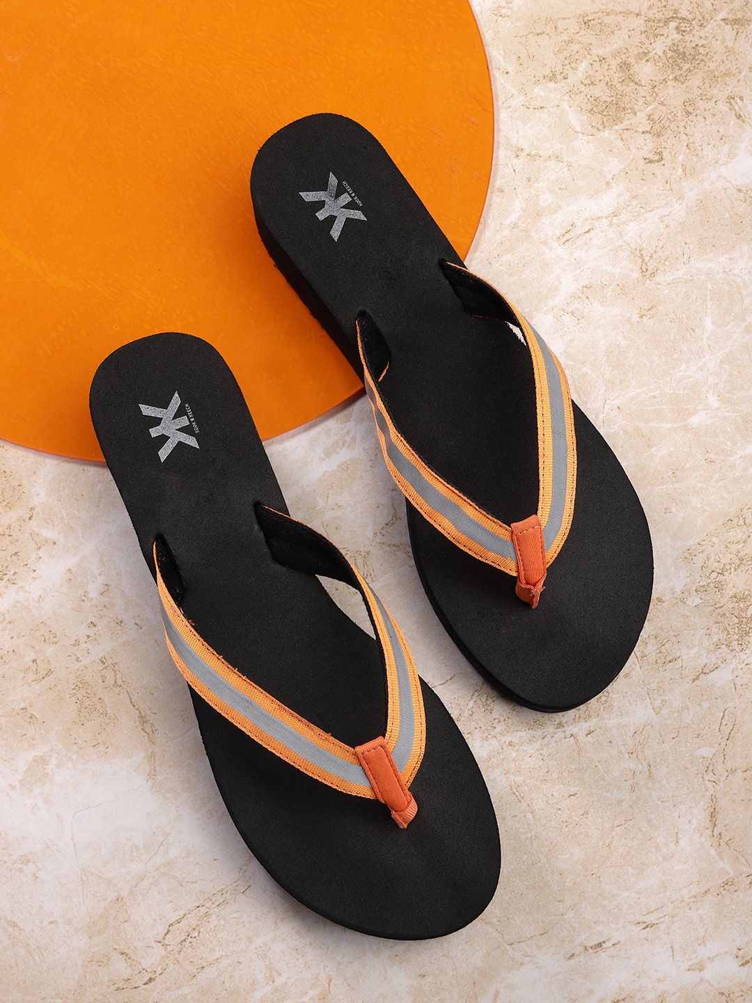 

Kook N Keech Women Coral Orange & Grey Handcrafted Striped Flip Flops