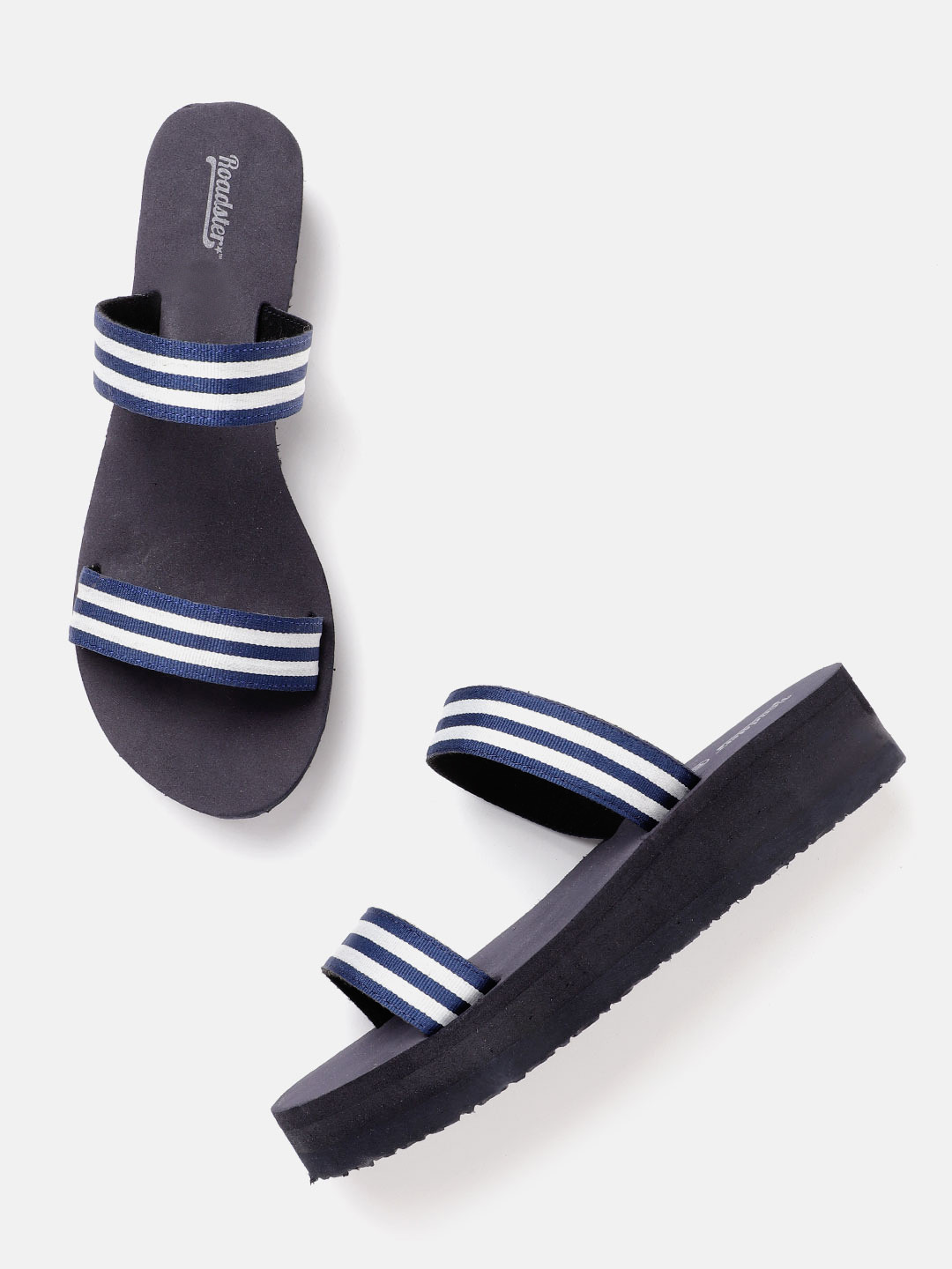 

The Roadster Lifestyle Co Women Navy Blue & White Striped Handcrafted Heeled Flatforms