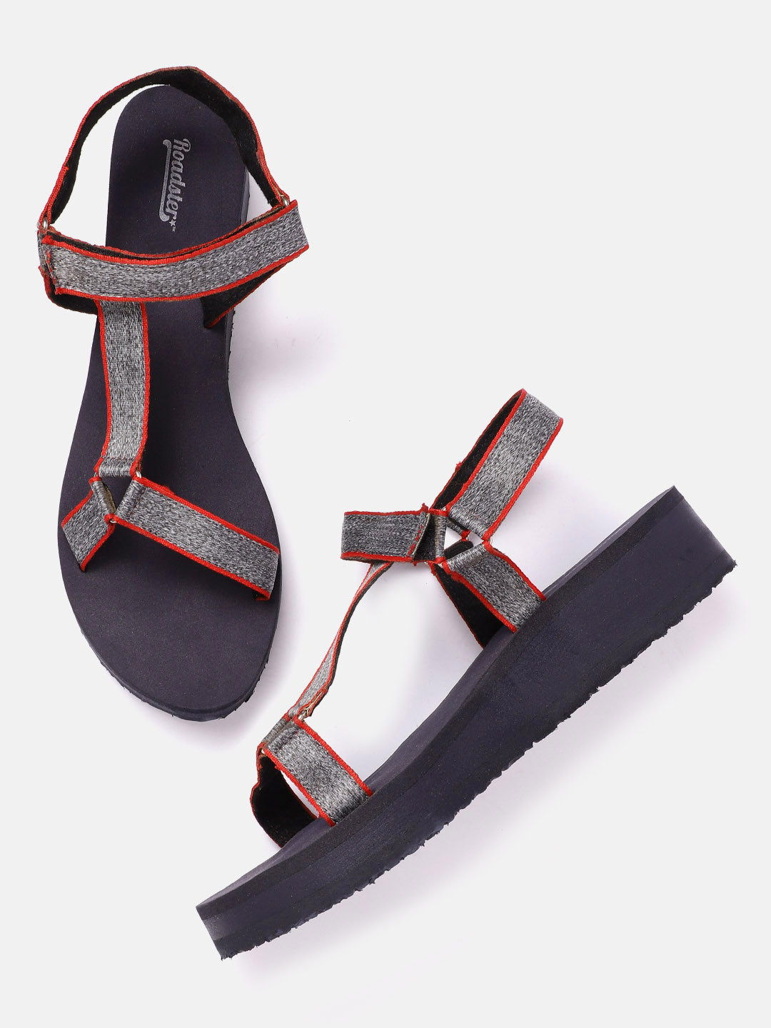 

The Roadster Lifestyle Co Women Grey Melange & Red Solid Sports Sandals