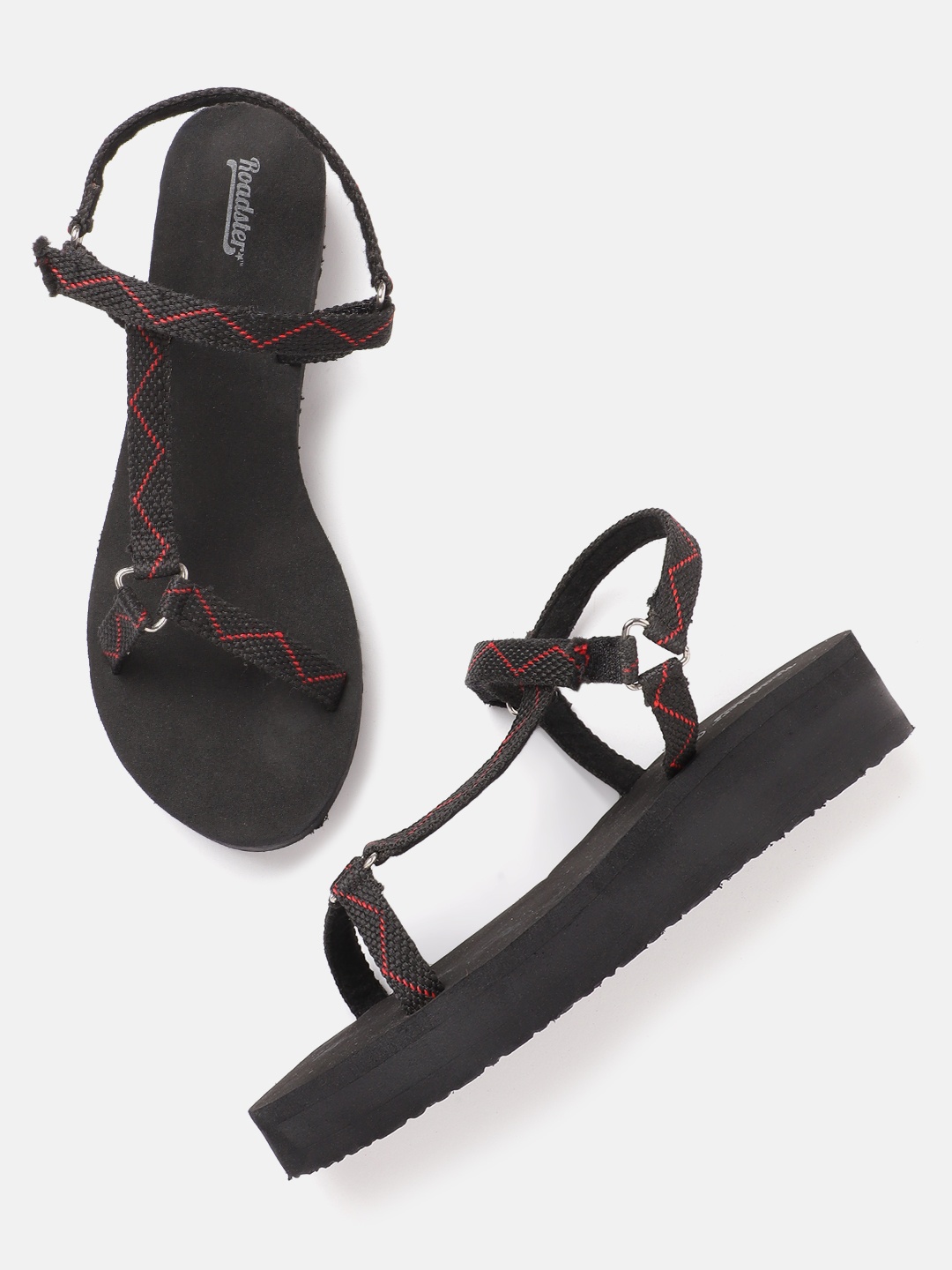 

The Roadster Lifestyle Co Women Black & Red Chevron Patterned Handcrafted Heeled Flatforms