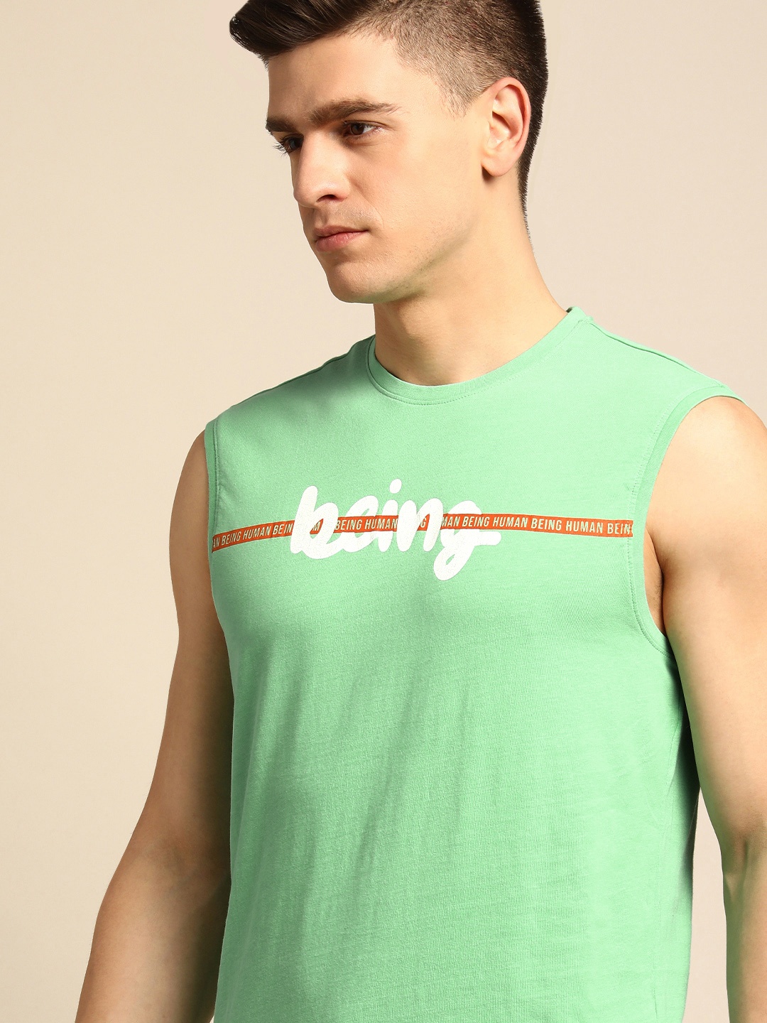 

Being Human Men Sea Green Brand Logo Printed Pure Cotton T-shirt