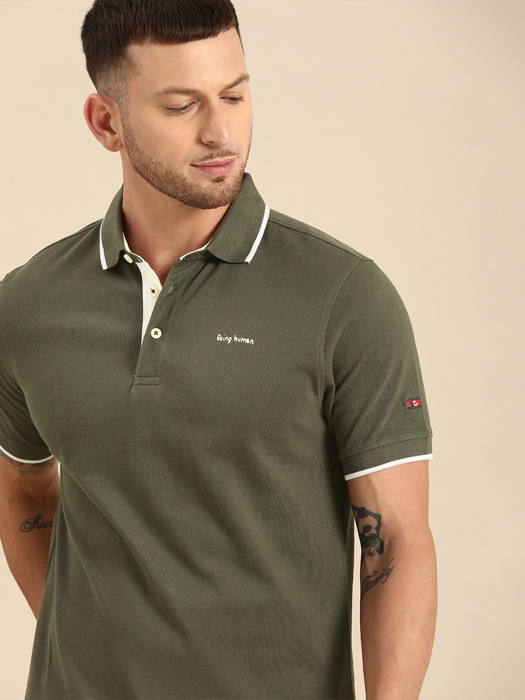 

Being Human Clothing Olive Green Solid Polo Collar Pure Cotton T-shirt