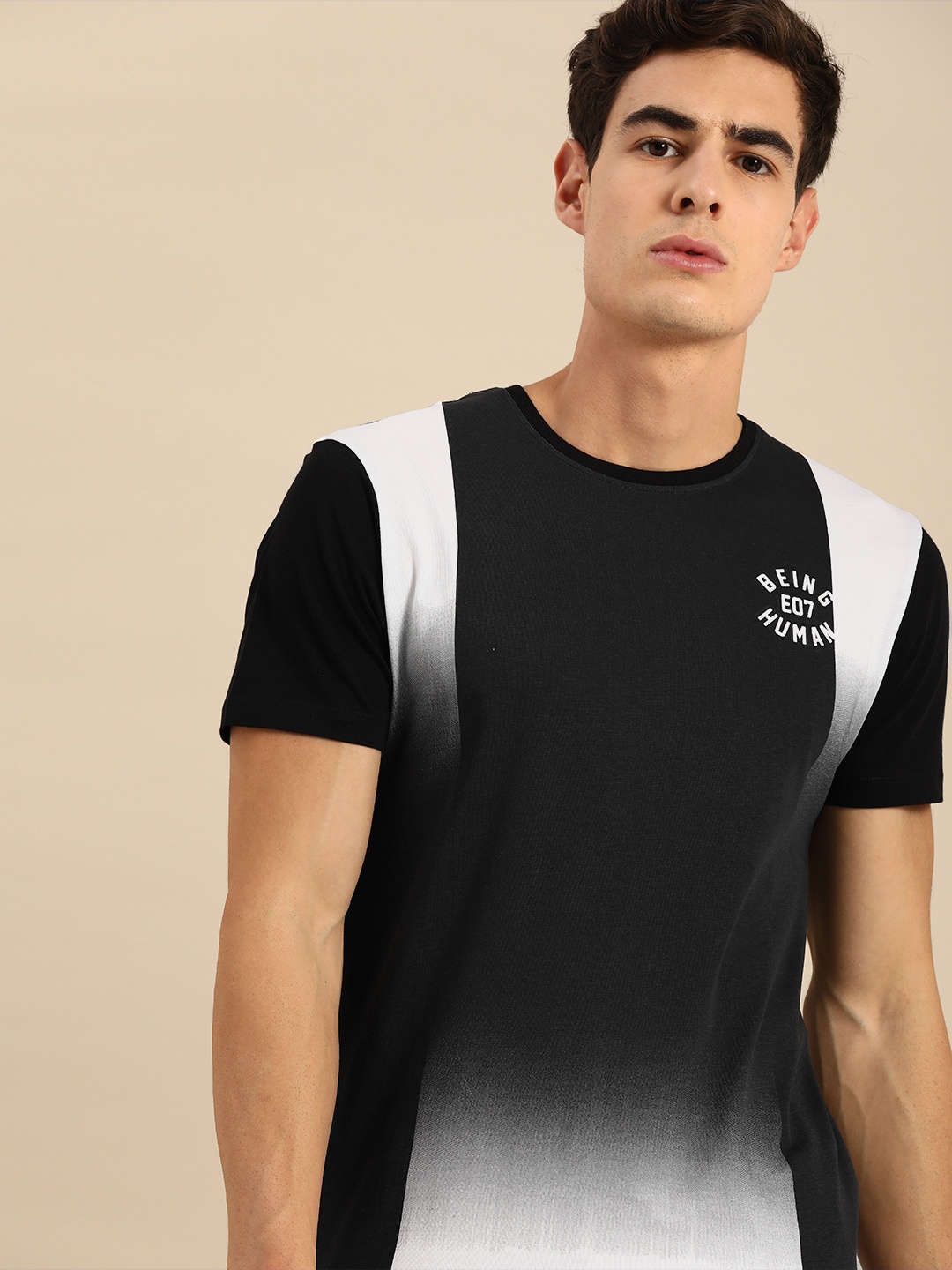 

Being Human Men Black White Colourblocked Round Neck Pure Cotton T-shirt