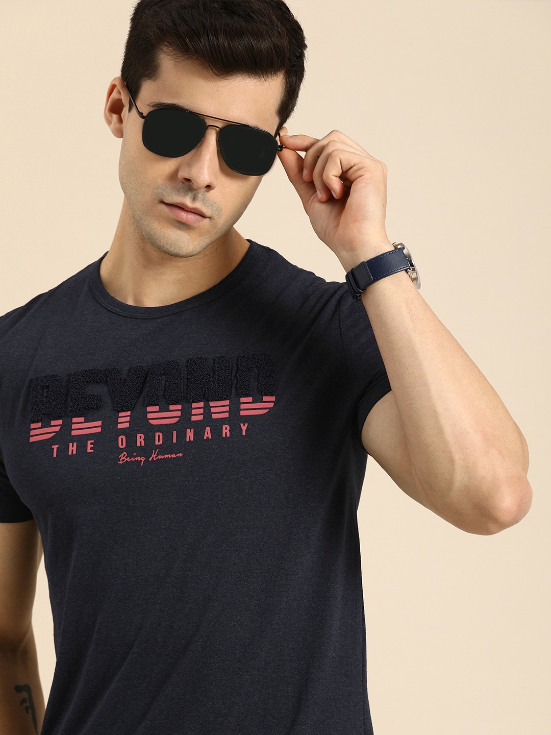 

Being Human Men Navy Blue & Black Printed Applique T-shirt