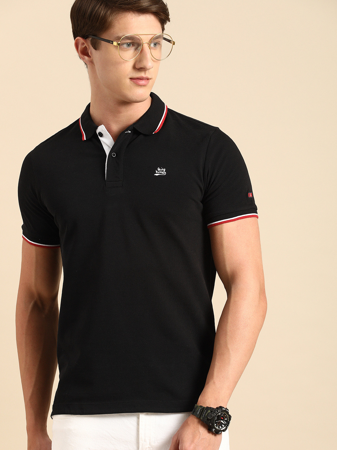 

Being Human Clothing Men Black Solid Polo Collar Pure Cotton T-shirt