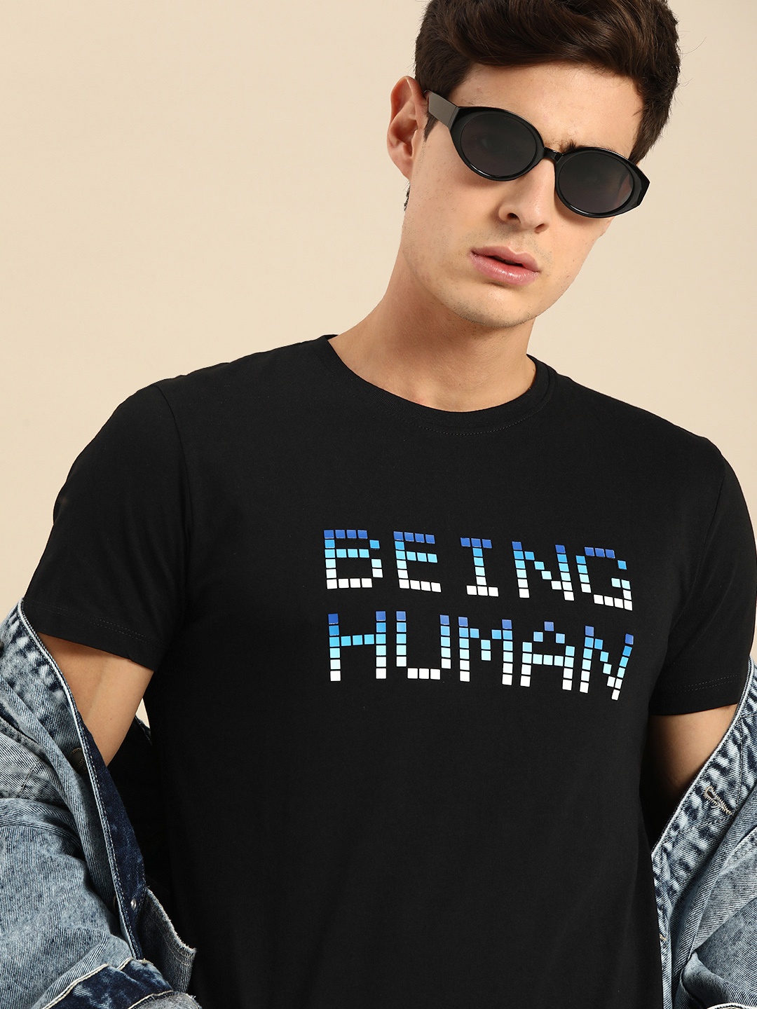 

Being Human Men Black Blue Brand Logo Print Round Neck Pure Cotton T-shirt