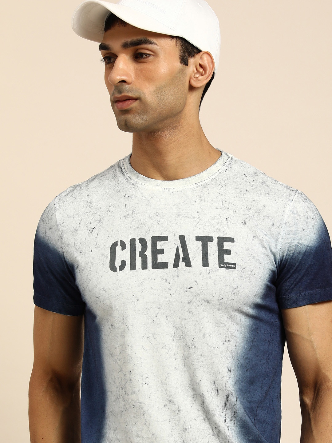 

Being Human Men White & Blue Dyed Pure Cotton T-shirt
