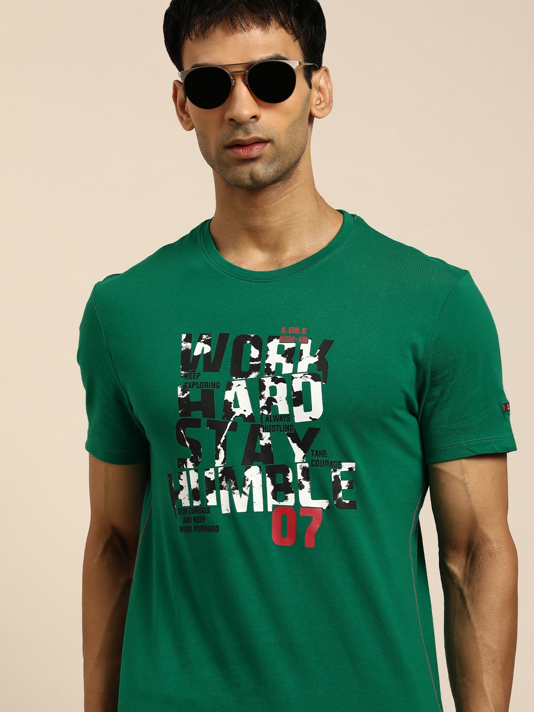 

Being Human Men Green & Multicoloured Printed Pure Cotton Slim Fit Casual T-shirt