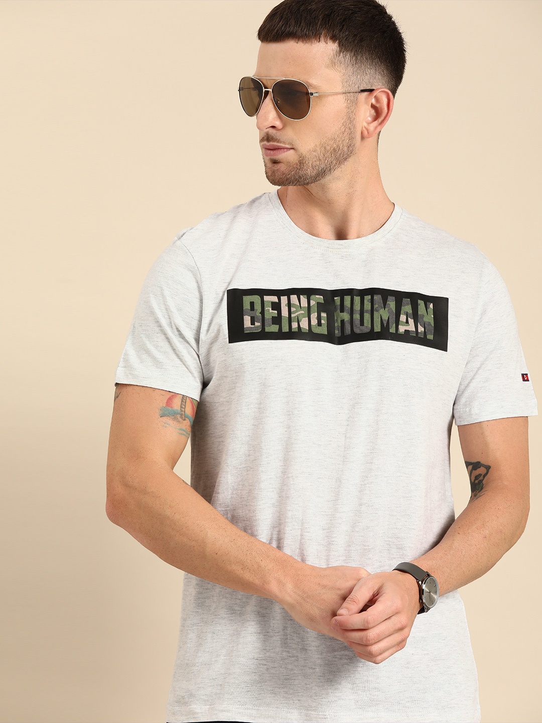 

Being Human Men Grey Melange Printed Round Neck T-shirt