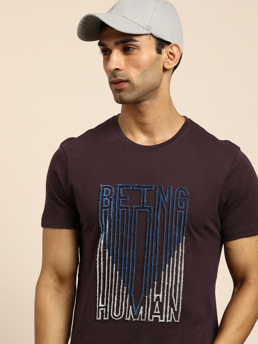 Being Human Men Burgundy Brand Logo Thread Work Pure Cotton T-shirt