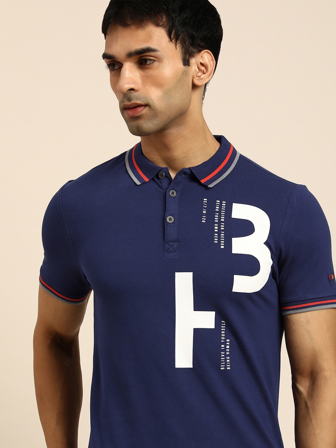 

Being Human Men Navy Blue Brand Logo Printed Polo Collar T-shirt