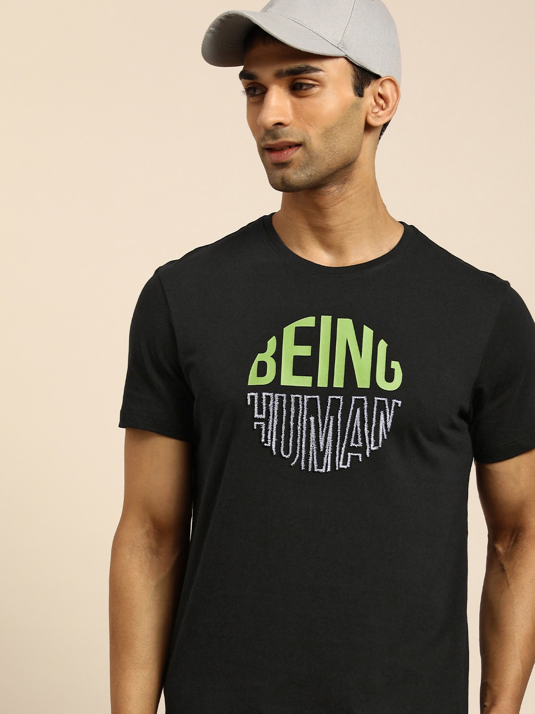 

Being Human Men Black & Multicoloured Printed Pure Cotton Slim Fit Casual T-shirt