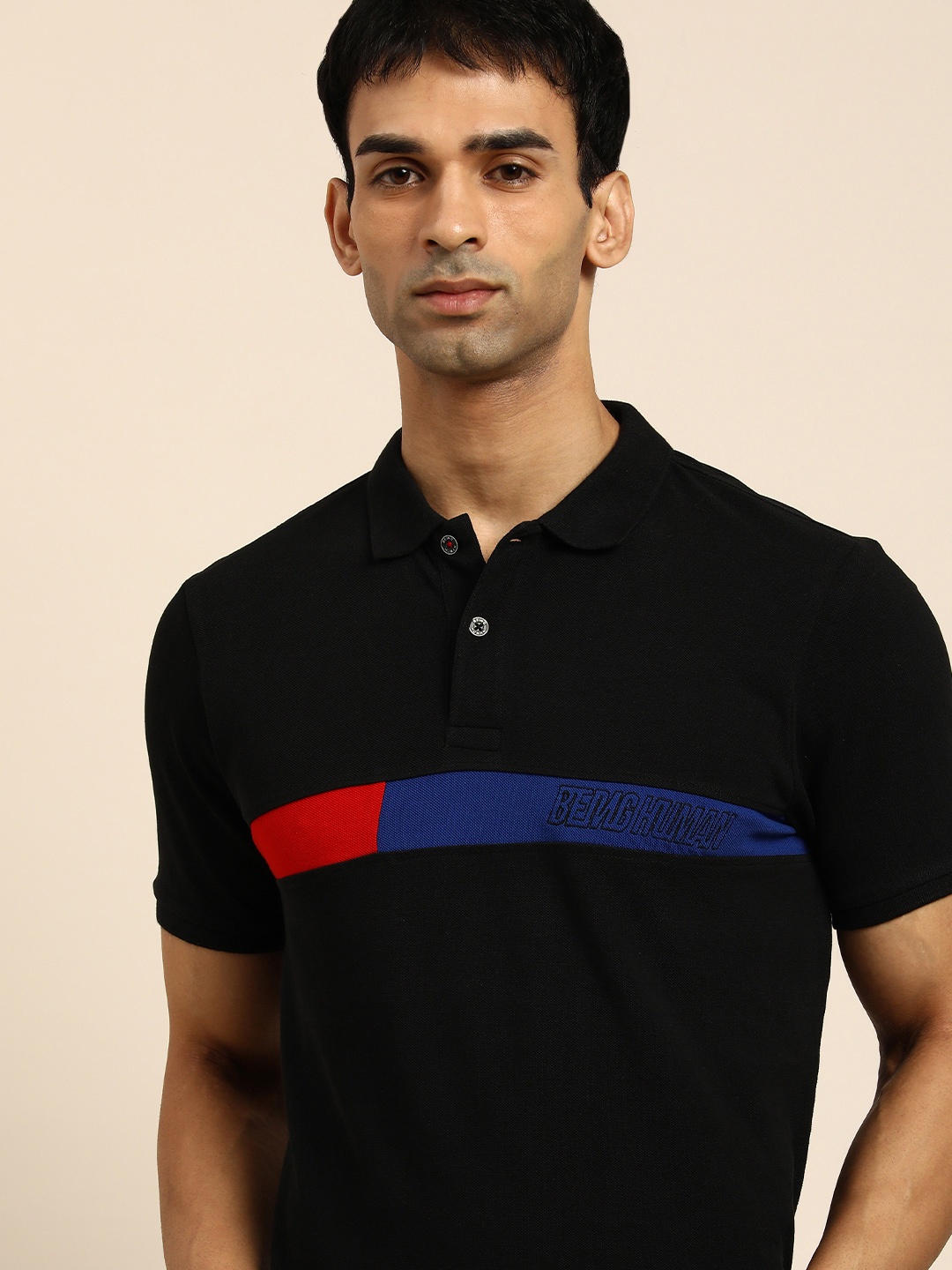 

Being Human Men Black & Navy Blue Striped Polo Collar Pure Cotton T-shirt