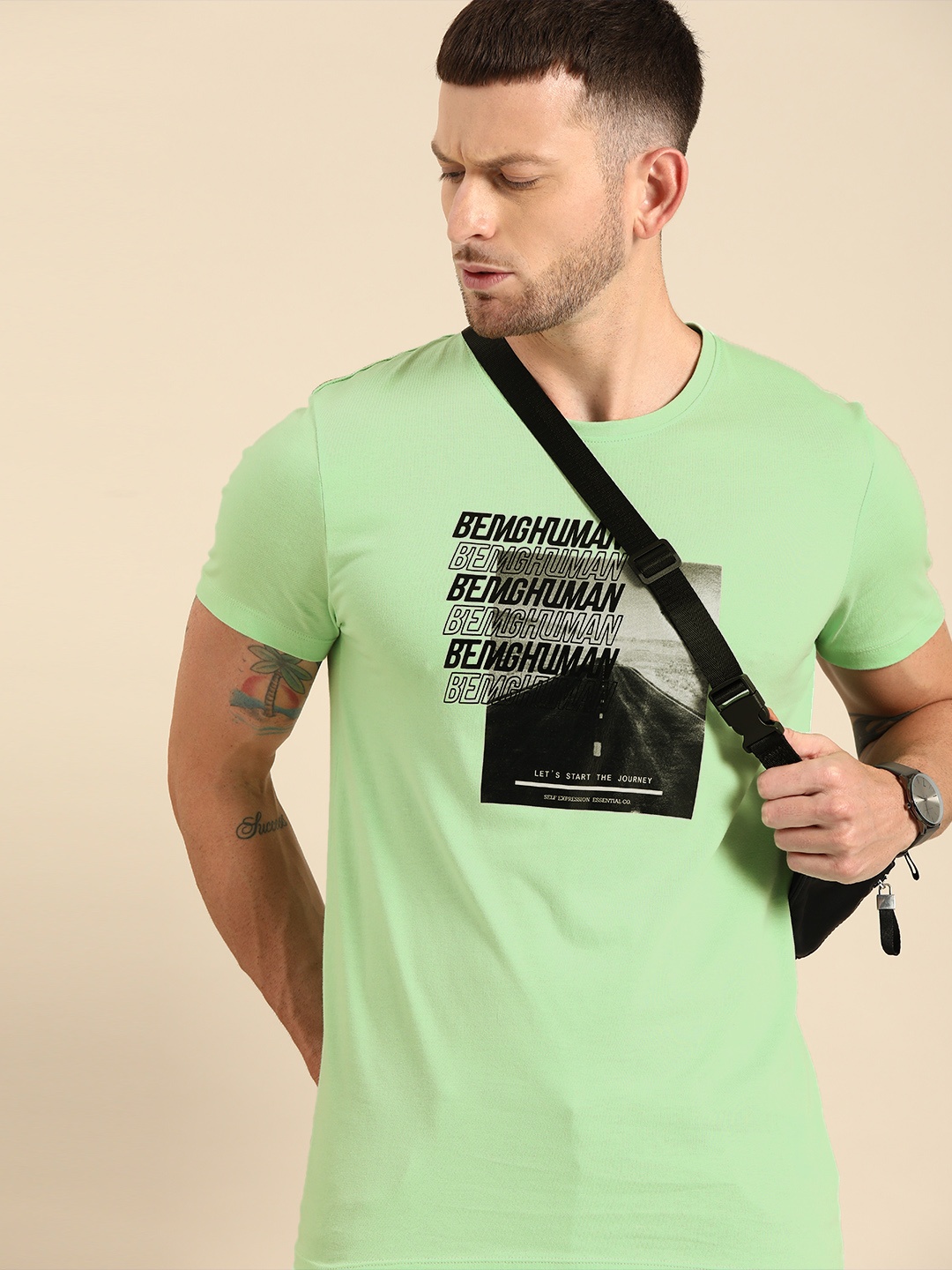 

Being Human Men Lime Green Printed Round Neck Pure Cotton T-shirt