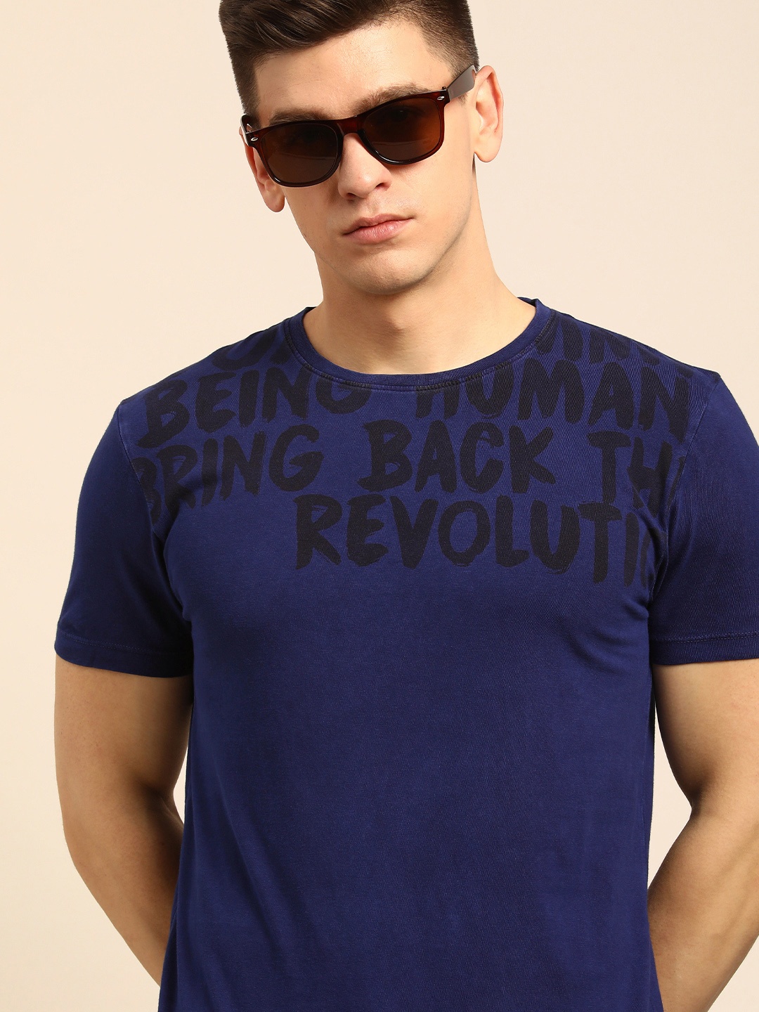 

Being Human Men Navy Blue Brand Logo Printed Pure Cotton T-shirt