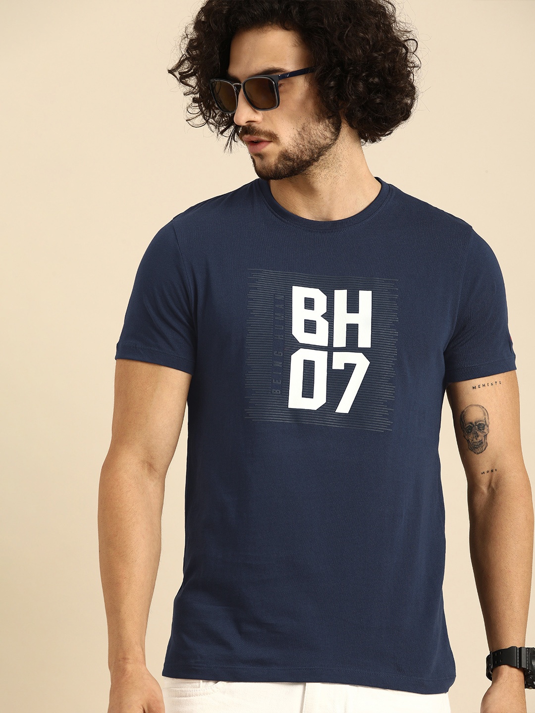 

Being Human Men Navy Blue Printed Round Neck Pure Cotton T-shirt