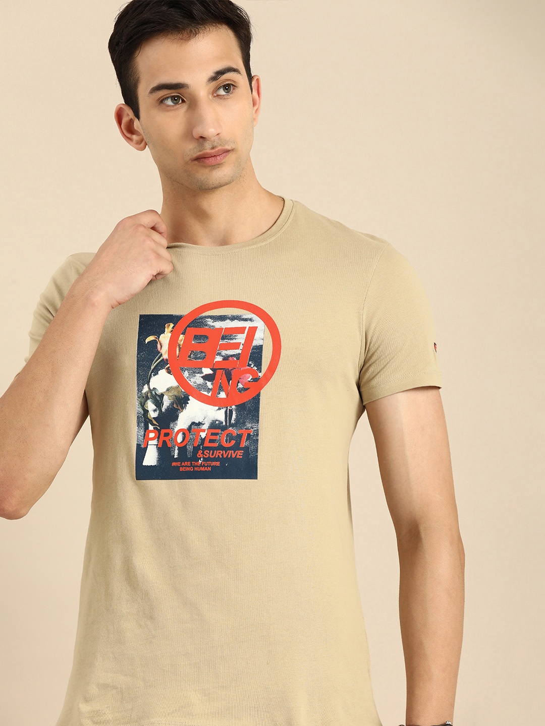 

Being Human Clothing Men Beige Graphic Printed Round Neck Pure Cotton T-shirt