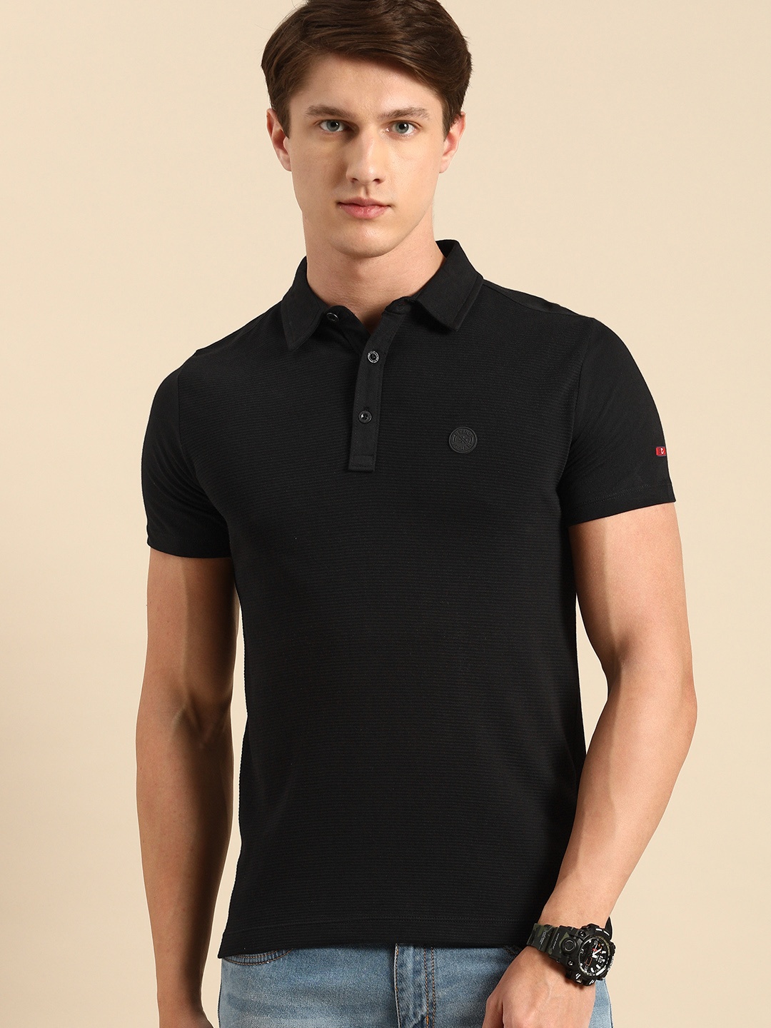 

Being Human Clothing Men Black Self Striped Polo Collar Pure Cotton T-shirt