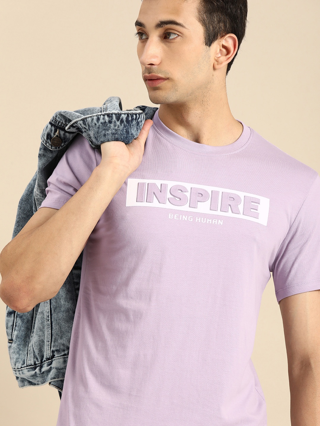 

Being Human Men Lavender White Typography Embossed Round Neck Pure Cotton T-shirt