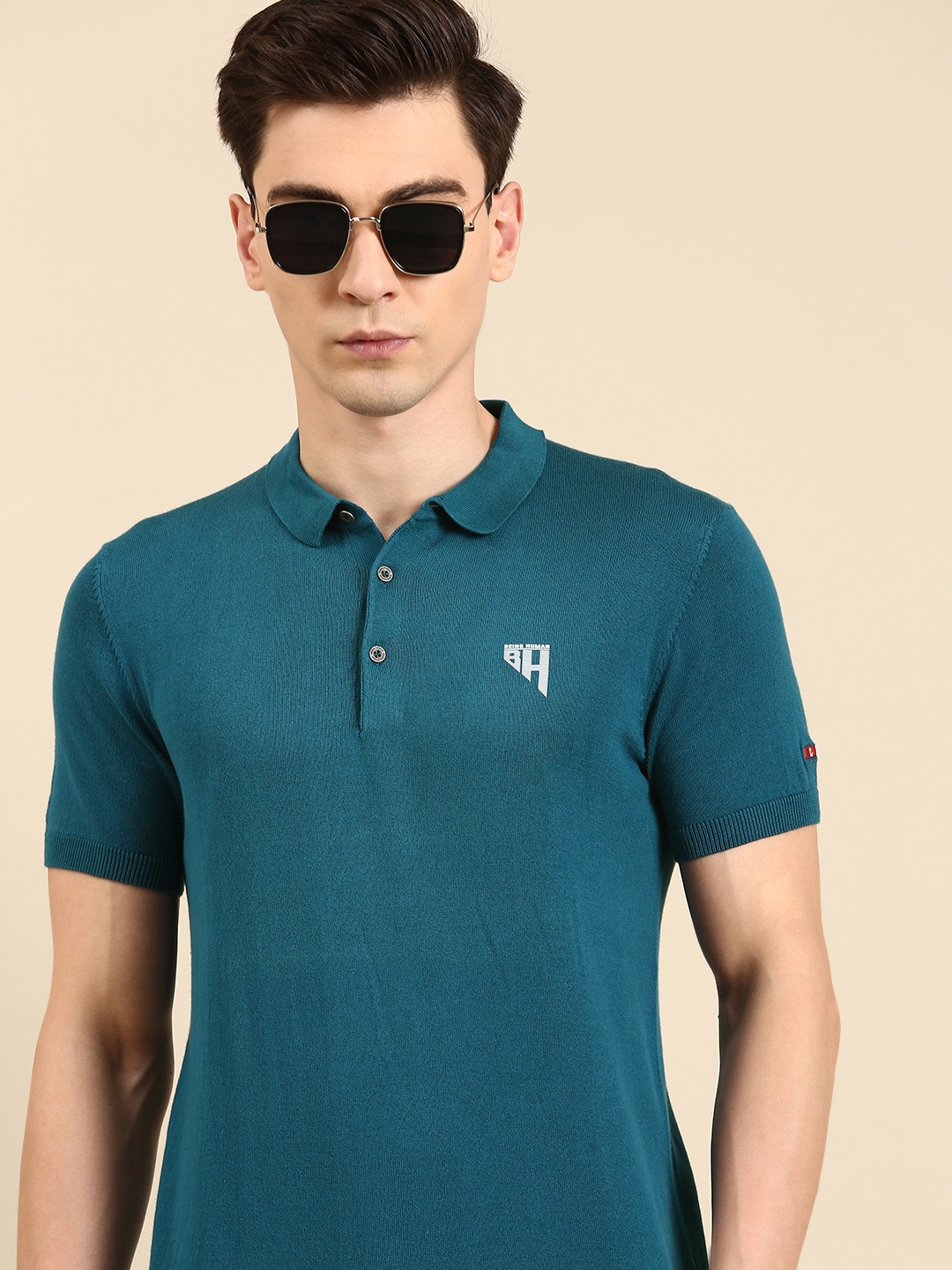 

Being Human Men Brand Logo Printed Polo Collar T-shirt, Teal