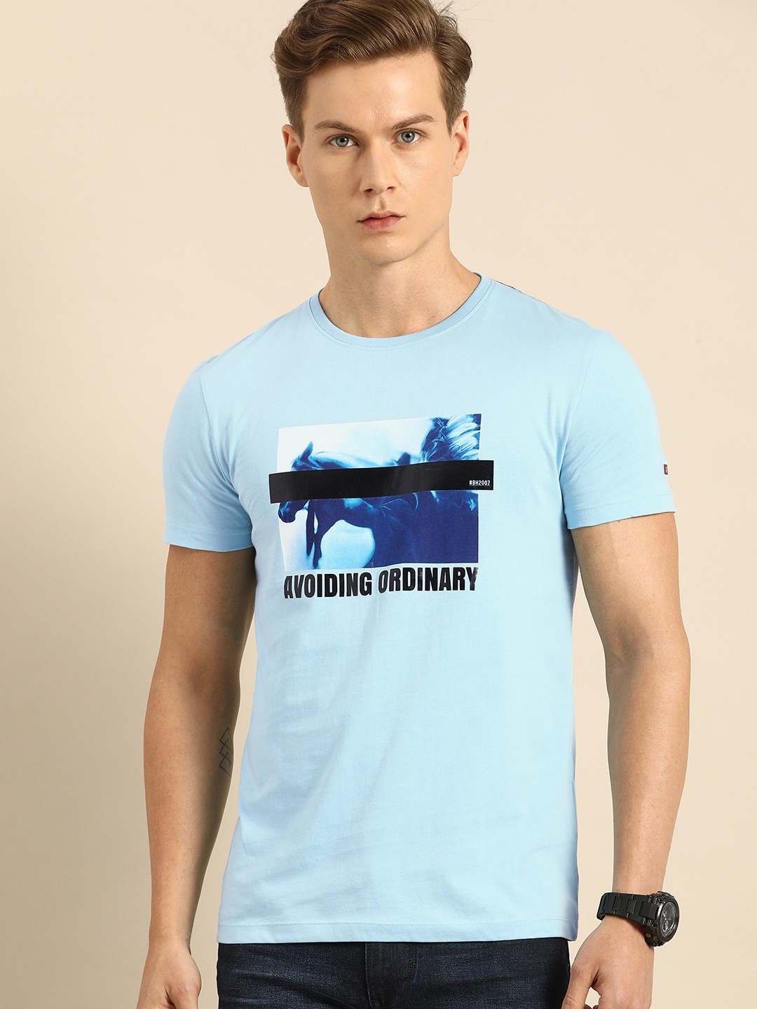 

Being Human Men Blue Printed Round Neck Pure Cotton T-shirt