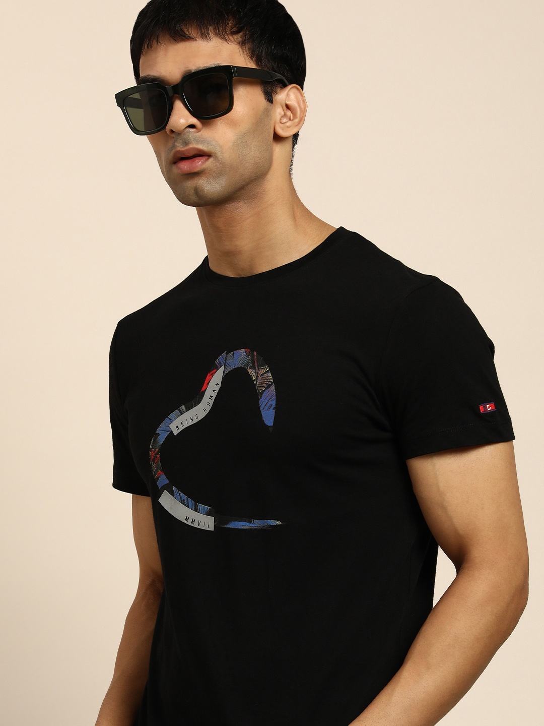 

Being Human Men Black Brand Logo Printed Pure Cotton T-shirt