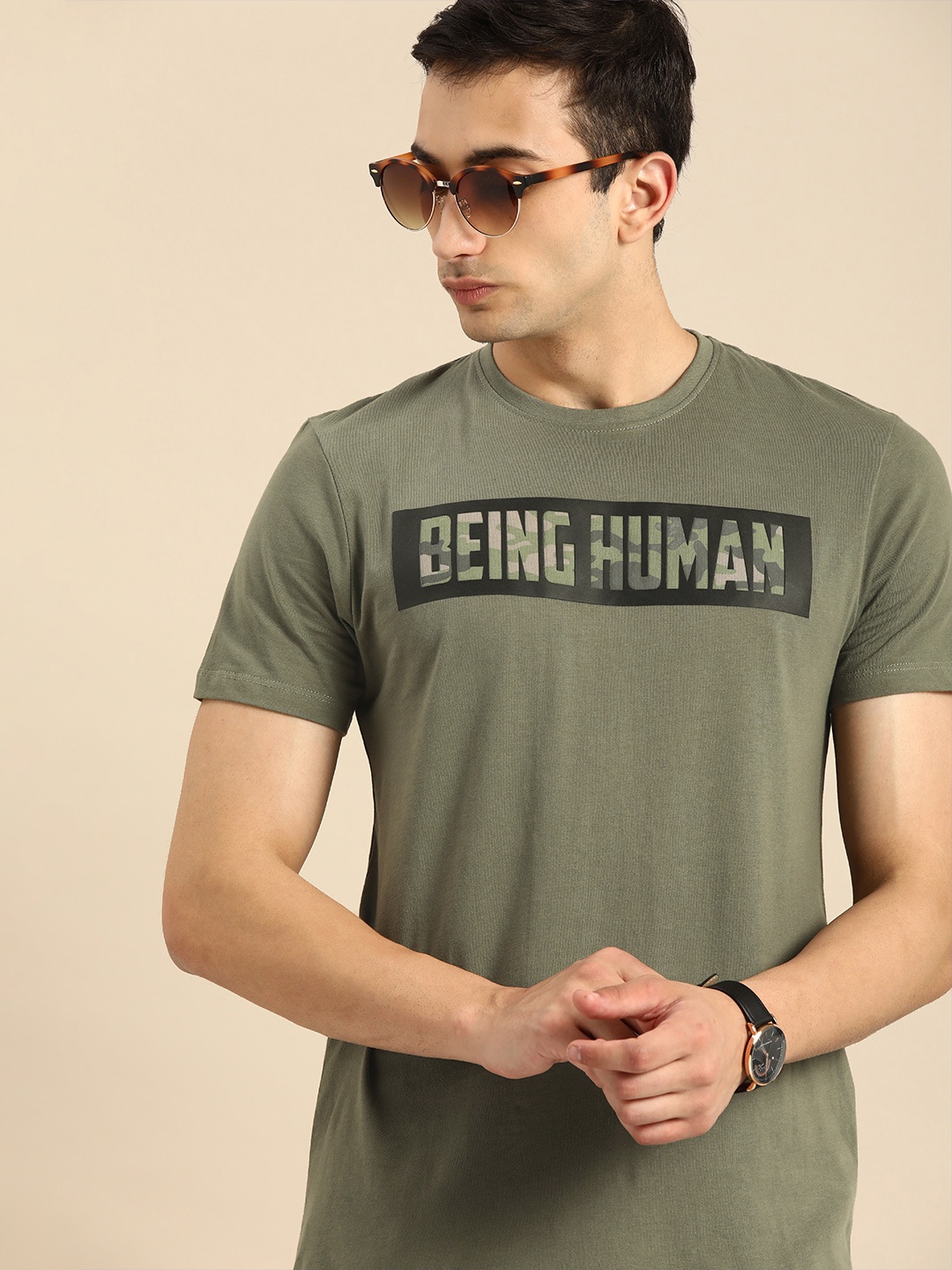 

Being Human Men Olive Green Black Brand Logo Print Round Neck Pure Cotton T-shirt