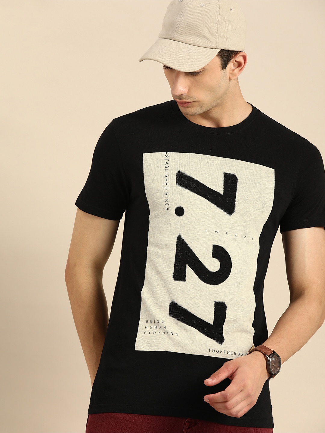 

Being Human Clothing Men Black Printed Round Neck Pure Cotton T-shirt