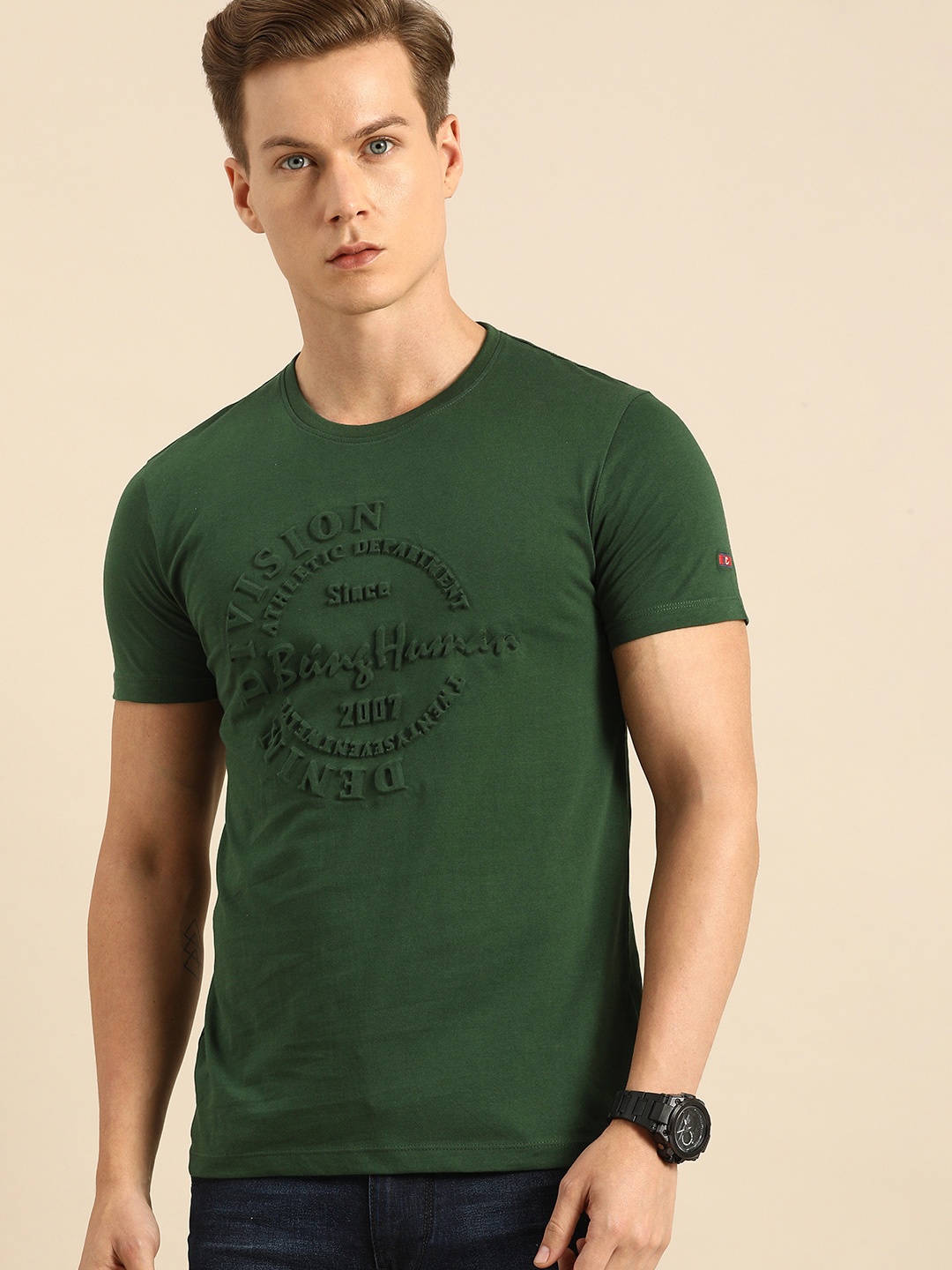 

Being Human Men Olive Green Self Design Round Neck Pure Cotton T-shirt