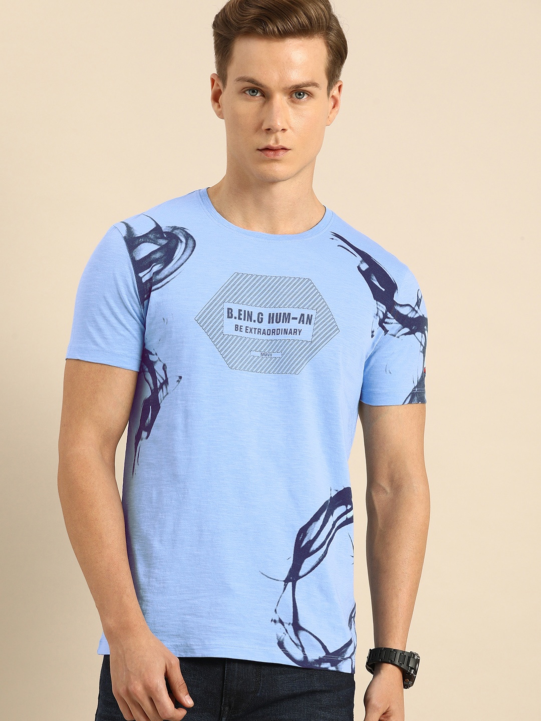

Being Human Men Blue Printed Round Neck Pure Cotton T-shirt