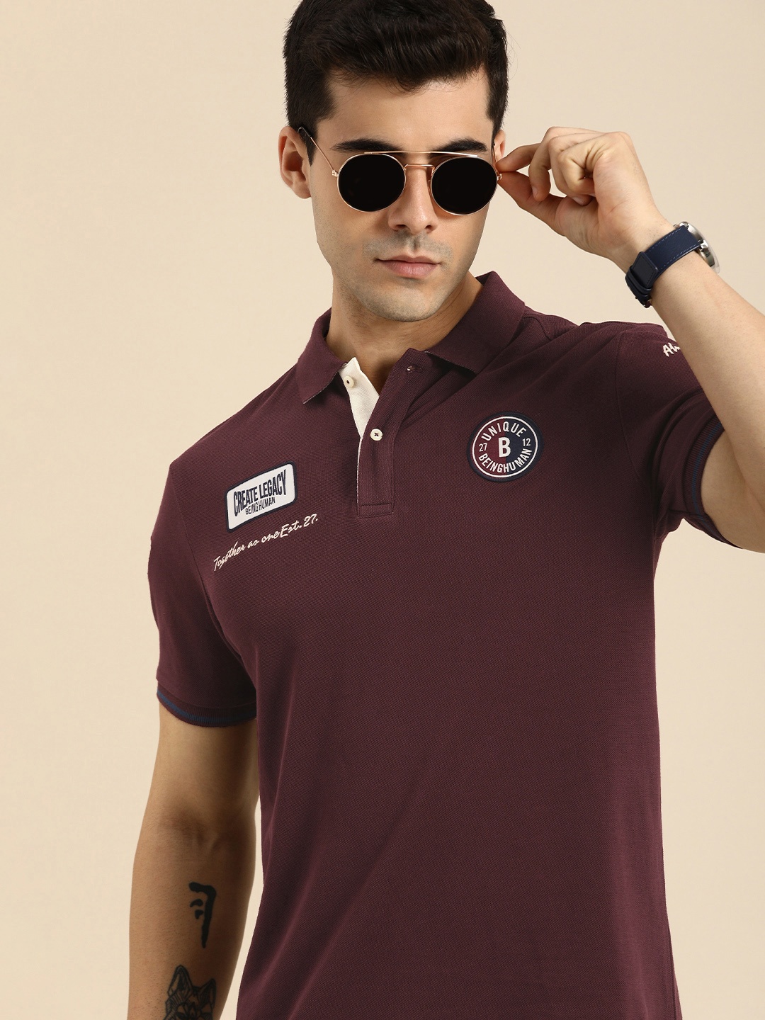 

Being Human Men Burgundy Brand Logo Polo Collar Applique Pure Cotton T-shirt