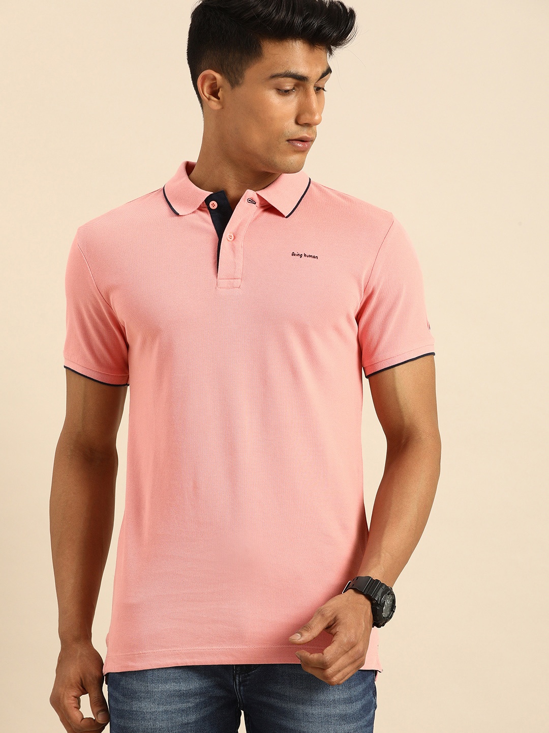 

Being Human Men Pink Self Design Polo Collar Pure Cotton T-shirt