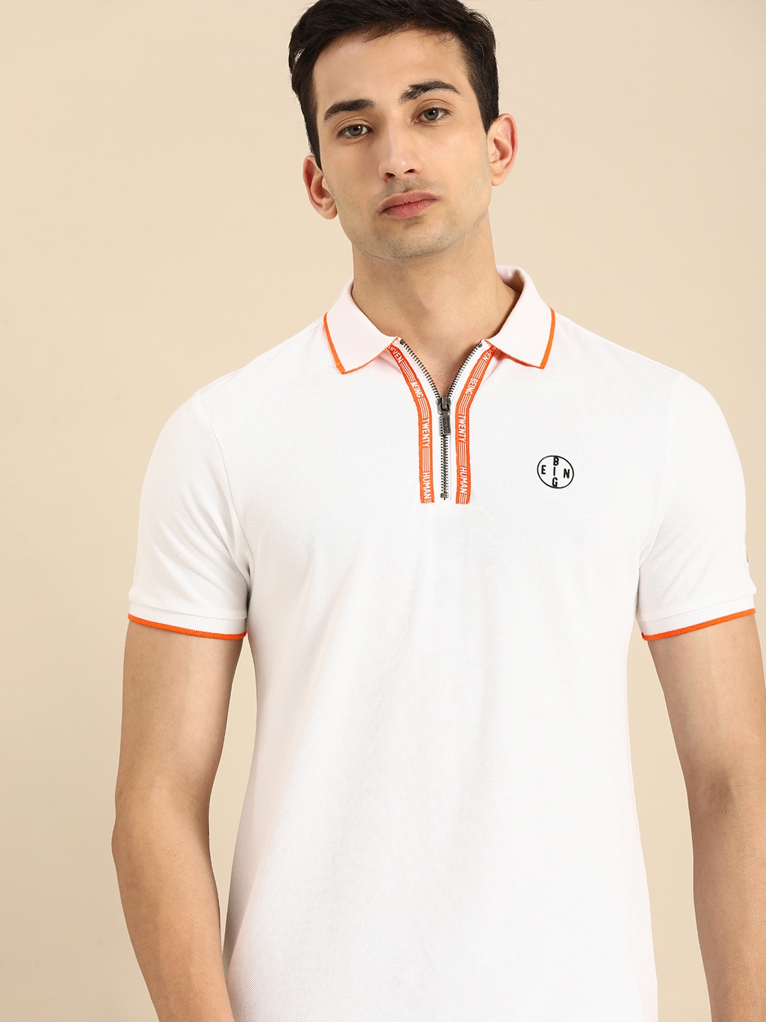 

Being Human Clothing Men White Solid Polo Collar Pure Cotton T-shirt with Taping Detail