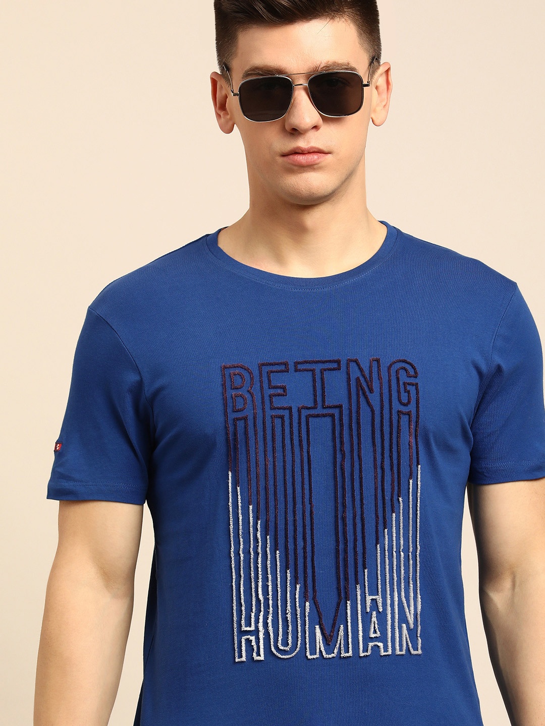 Being Human Men Navy Blue Brand Logo Printed Pure Cotton T-shirt