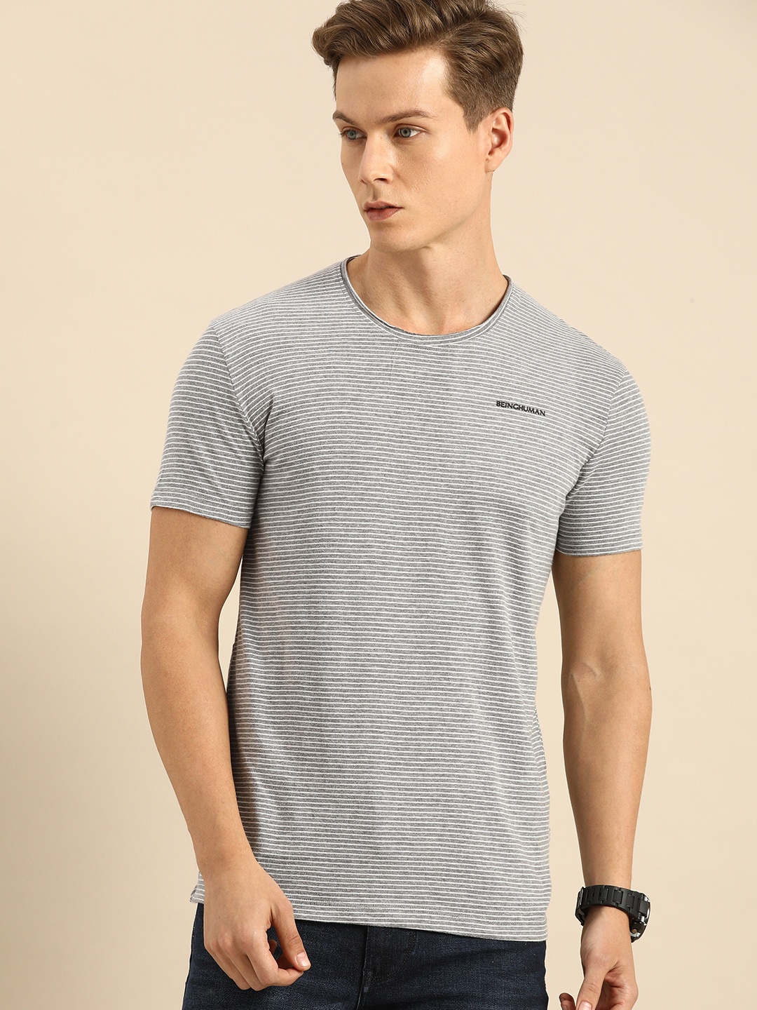 

Being Human Men Grey Striped Round Neck T-shirt