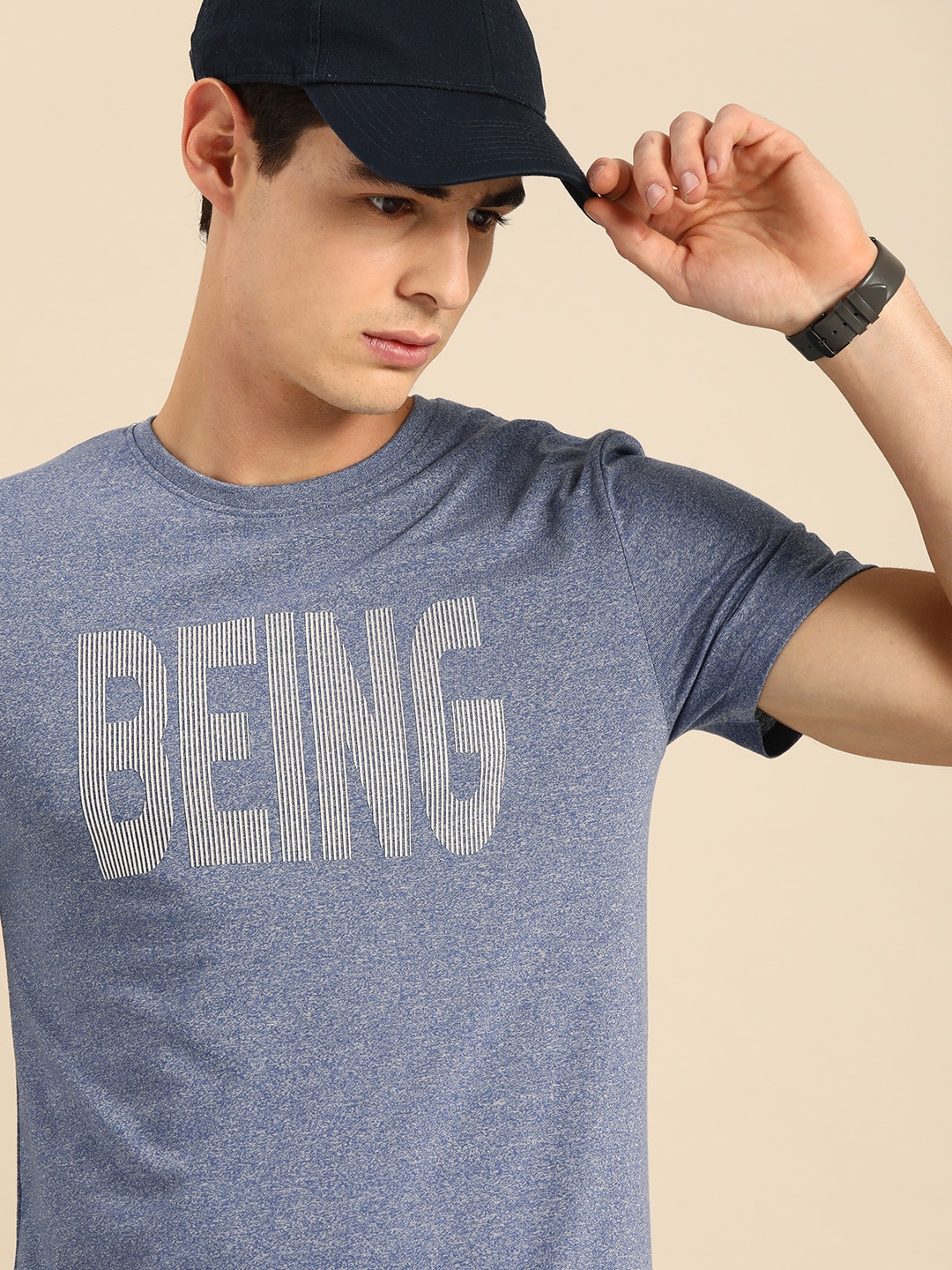 

Being Human Clothing Men Navy Blue Logo Printed Round Neck T-shirt