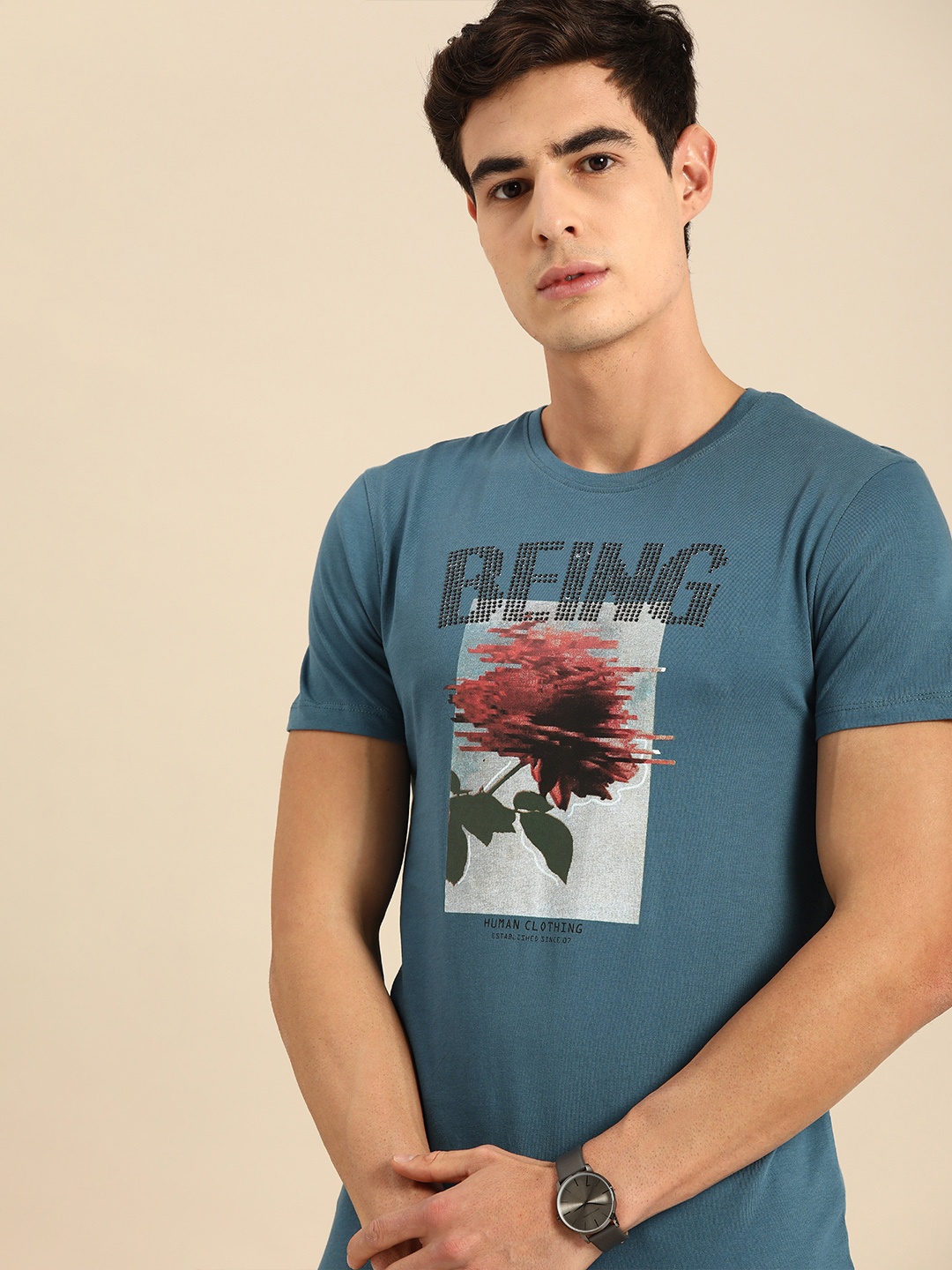 

Being Human Clothing Men Teal Blue Logo Printed Round Neck Pure Cotton T-shirt